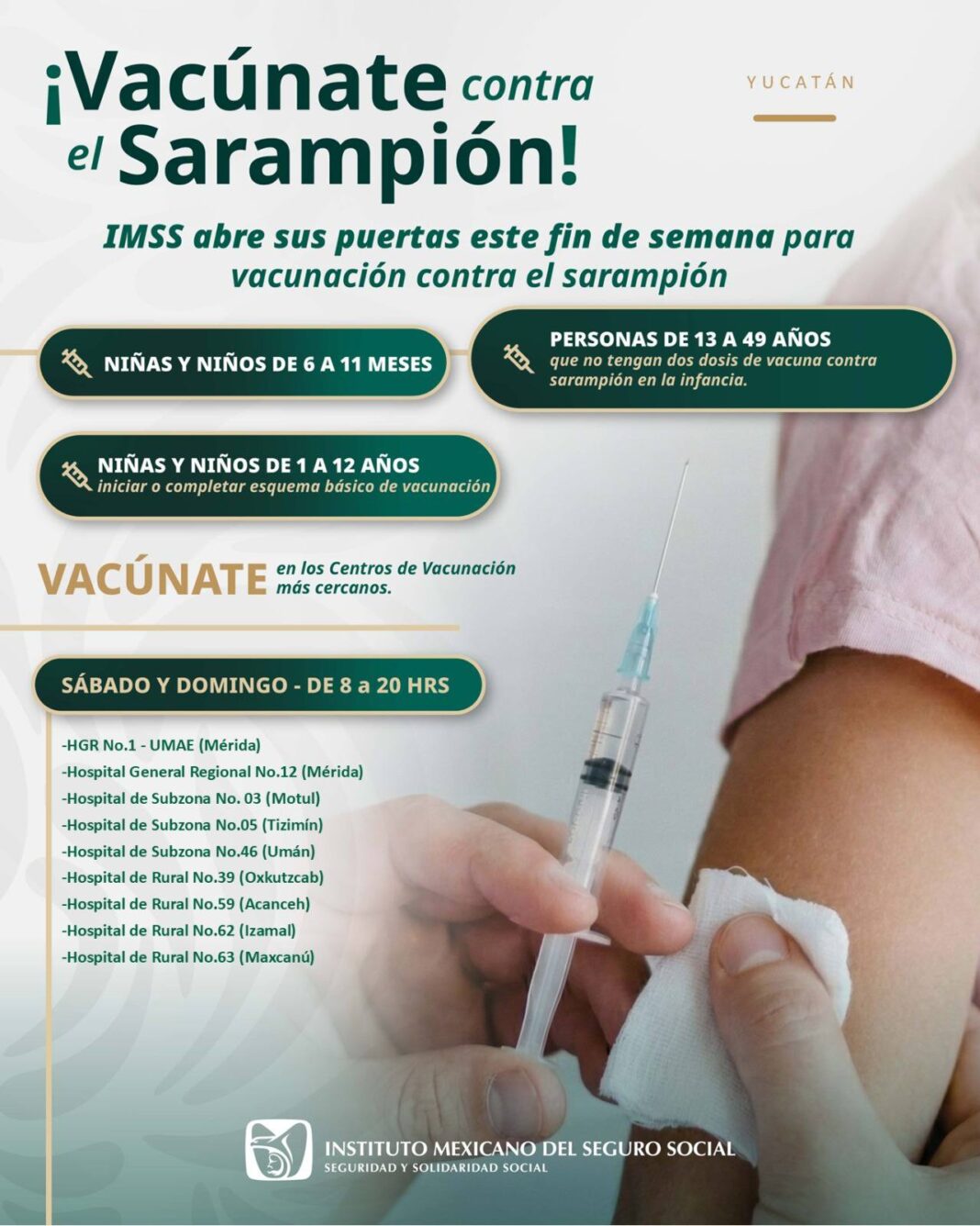 Anuncia IMSS Yucatán Jornada de vacunación contra sarampión este sábado y domingo