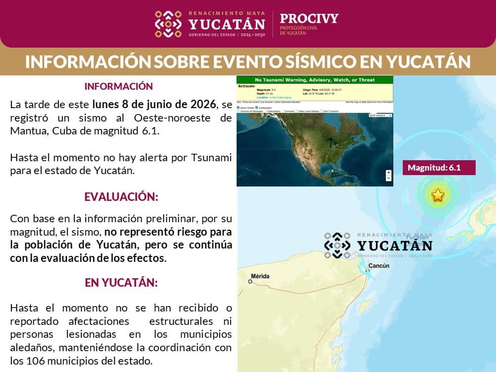 Sin daños en Yucatán tras sismo con epicentro frente a costas de Cuba: Procivy Sin daños en Yucatán tras sismo con epicentro frente a costas de Cuba: Procivy