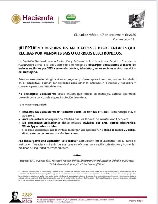 ¡Alerta! No descargues aplicaciones desde enlaces que recibas por mensajes: CONDUSEF ¡Alerta! No descargues aplicaciones desde enlaces que recibas por mensajes: CONDUSEF